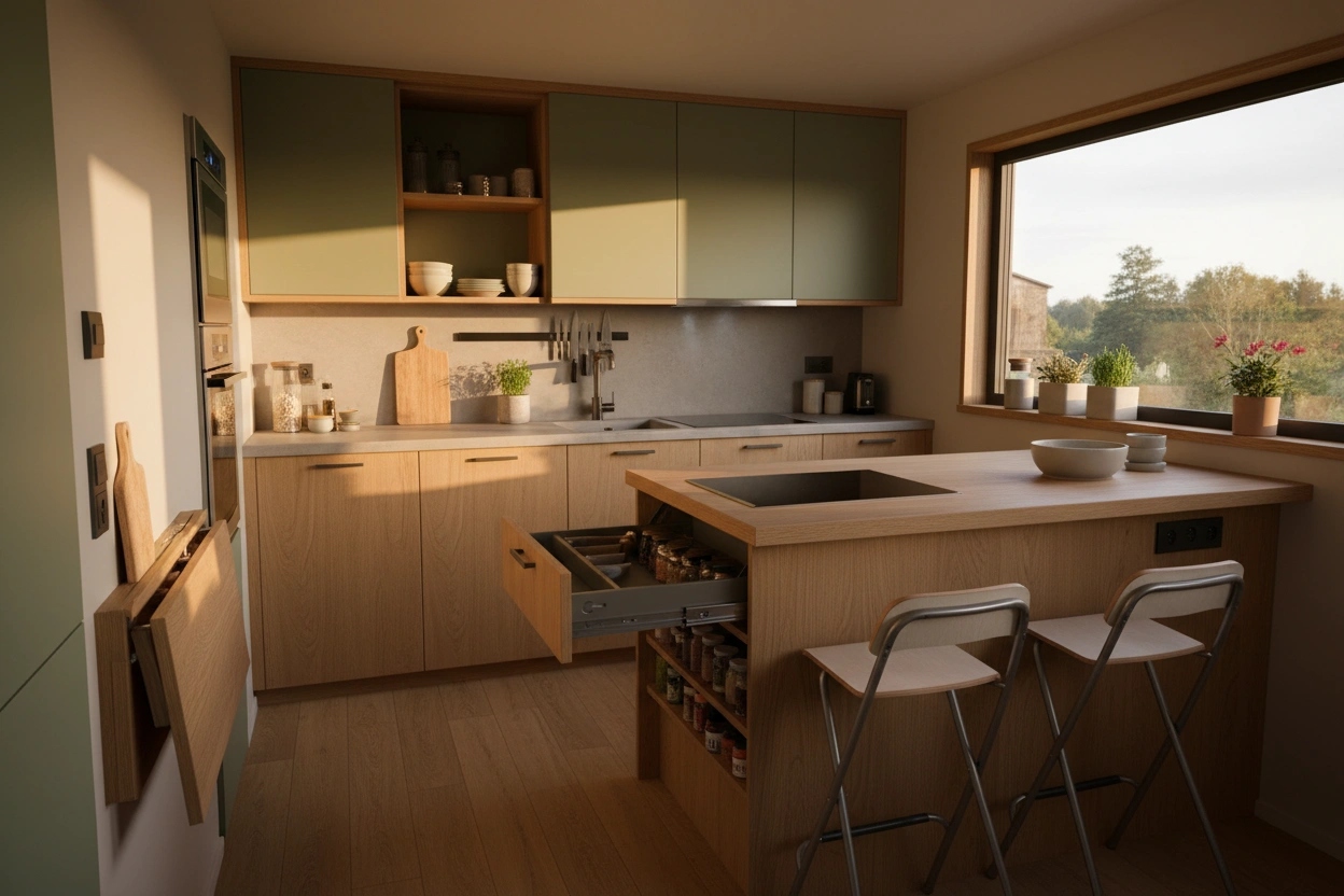 Professional image illustrating Creative Multifunctional Furniture Ideas for Tiny House Kitchens