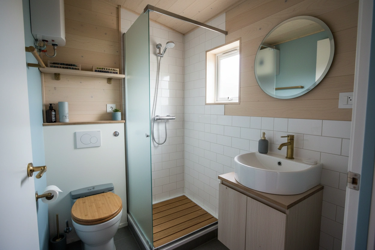 Professional image illustrating Understanding the Unique Challenges of a Tiny House Bathroom