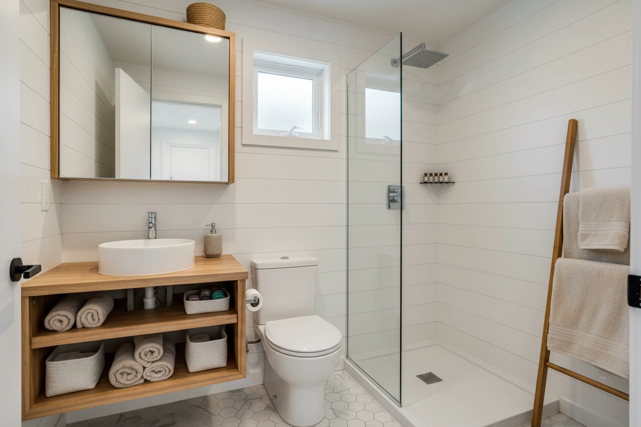 Professional image illustrating Top Space-Saving Solutions for Tiny House Bathrooms
