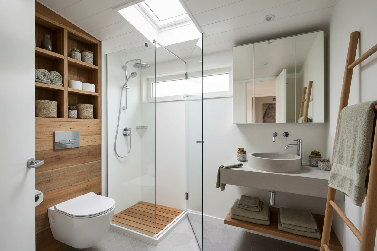 Professional image illustrating Top Space-Saving Solutions for Tiny House Bathrooms
