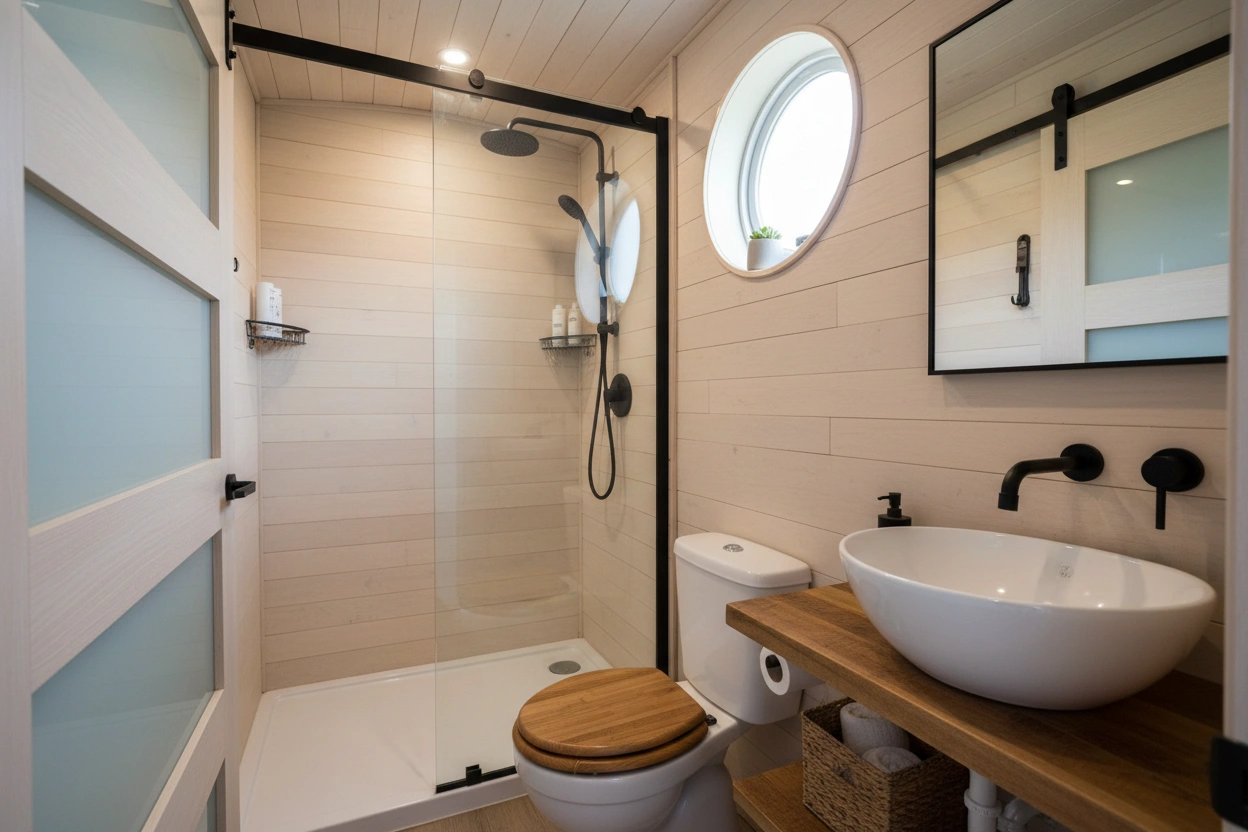 Professional image illustrating Understanding the Unique Challenges of Tiny House Bathrooms