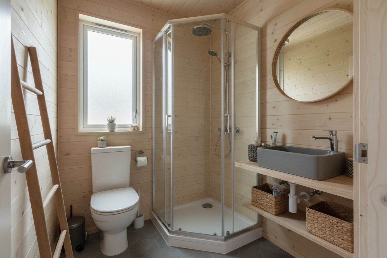 Professional image illustrating Top Space-Saving Solutions for Tiny House Bathrooms
