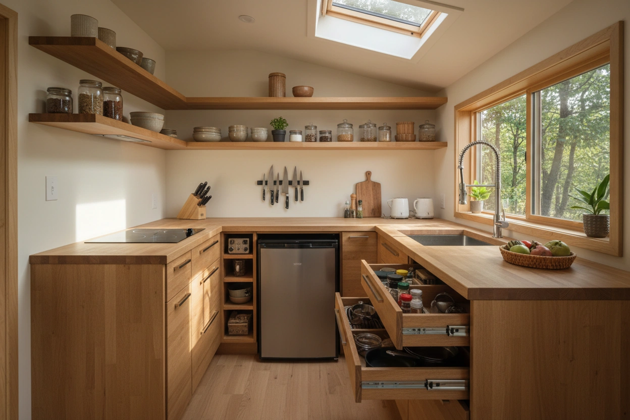 Professional image illustrating 10 Creative Ways to Organize Your Tiny House Kitchen