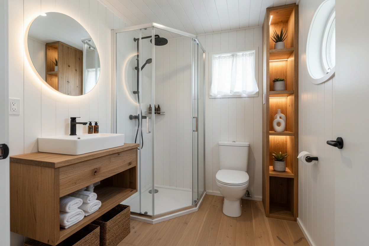 Professional image illustrating Small Bathroom Ideas for a Cozy Tiny House Bathroom