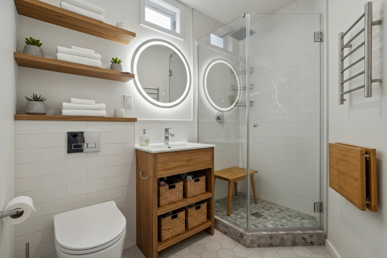 Professional image illustrating Top Space-Saving Solutions for Tiny House Bathrooms