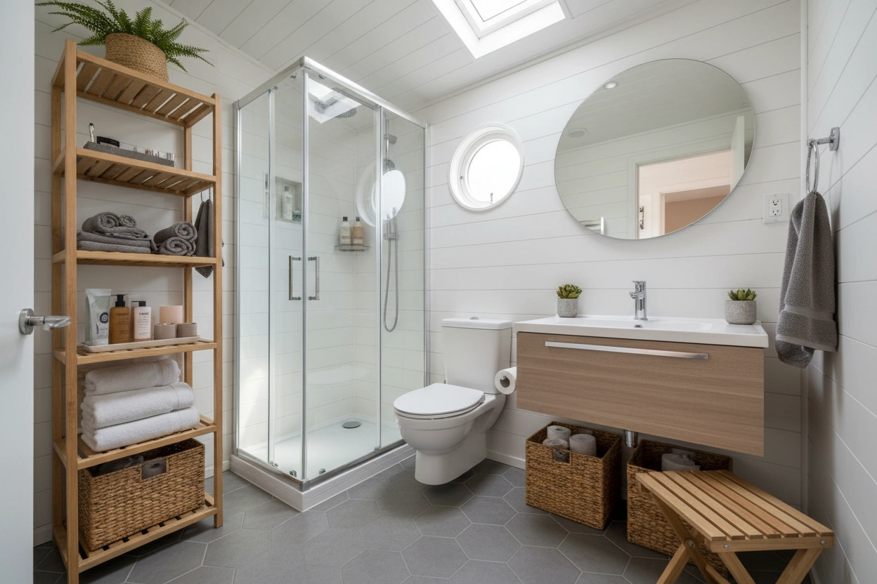 Professional image illustrating Top Space-Saving Solutions for Tiny House Bathrooms