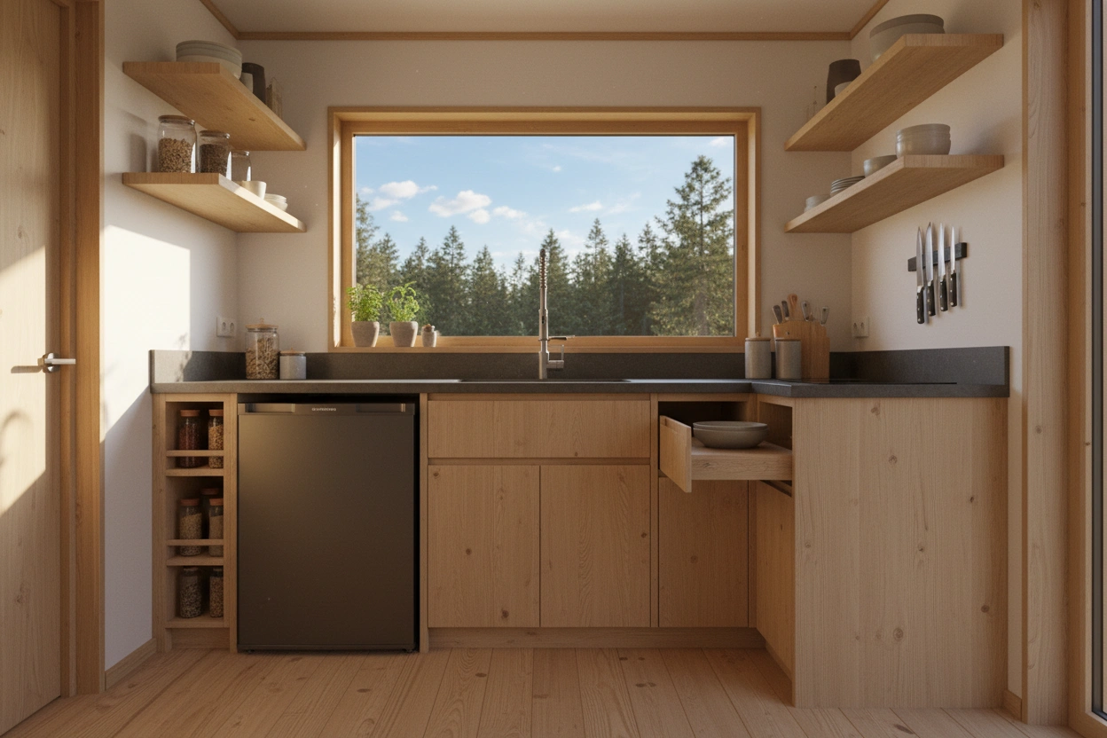 Professional image illustrating Space-Saving Strategies for Tiny House Kitchens