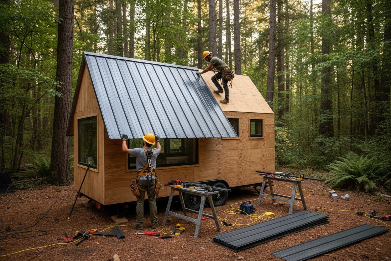Professional image illustrating Step-by-Step Installation Process for Tiny House Roofing