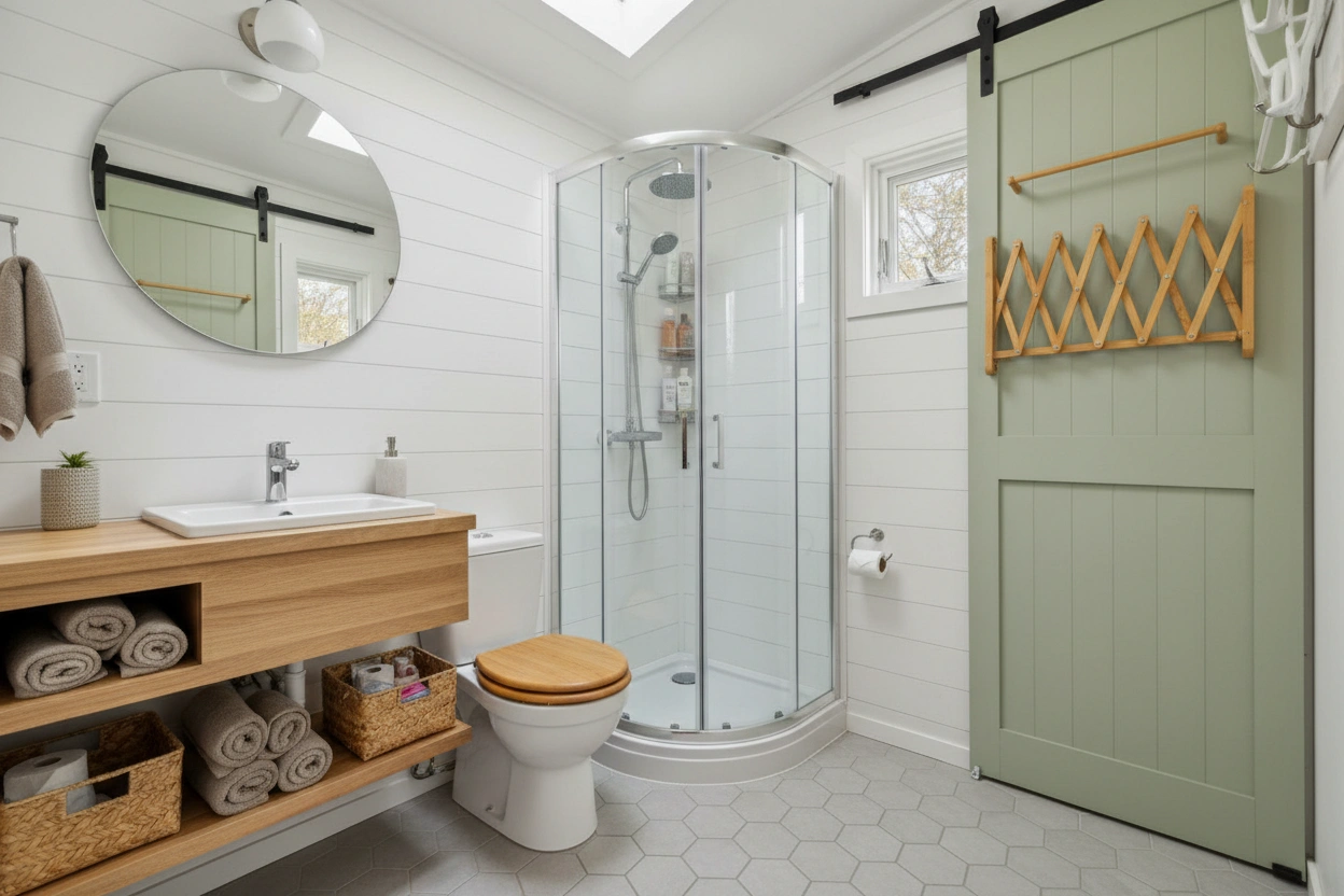 Professional image illustrating Space-Saving Solutions for Tiny House Bathrooms
