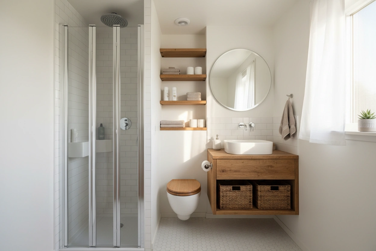 Professional image illustrating Top Space-Saving Solutions for Tiny Home Bathrooms
