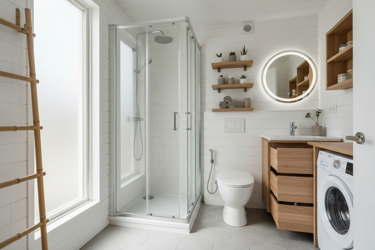 Professional image illustrating Top Space-Saving Solutions for Tiny House Bathrooms