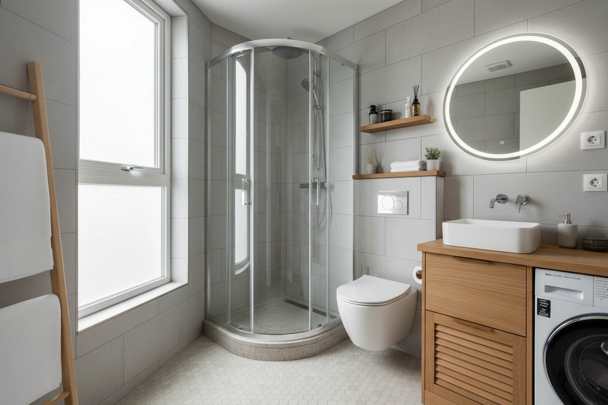 Professional image illustrating Top Space-Saving Solutions for Tiny Home Bathrooms