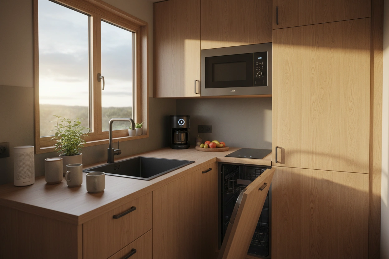 Professional image illustrating The Importance of Smart Appliances in a Tiny House Kitchen