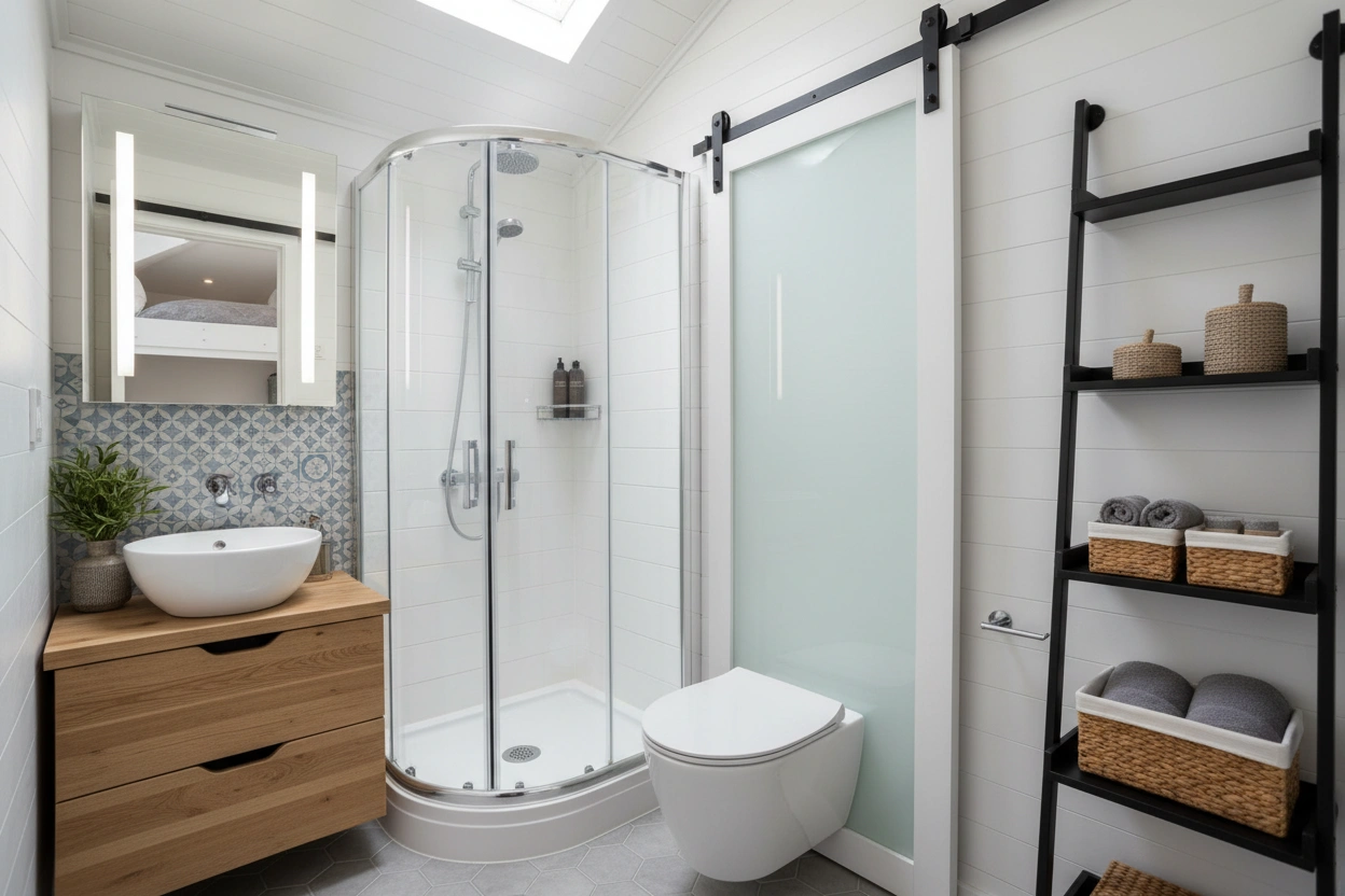 Professional image illustrating Top Space-Saving Solutions for Tiny Home Bathrooms