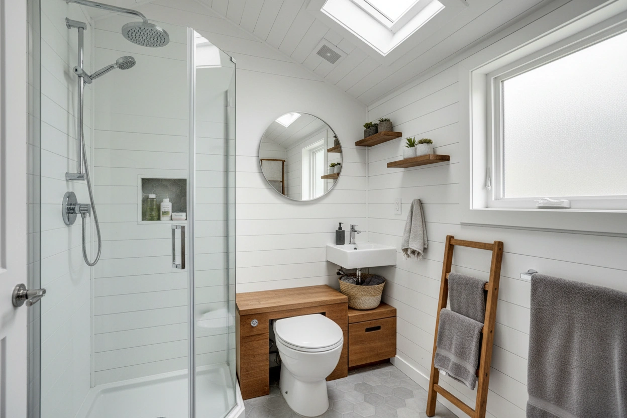 Professional image illustrating Top Space-Saving Solutions for Tiny Home Bathrooms