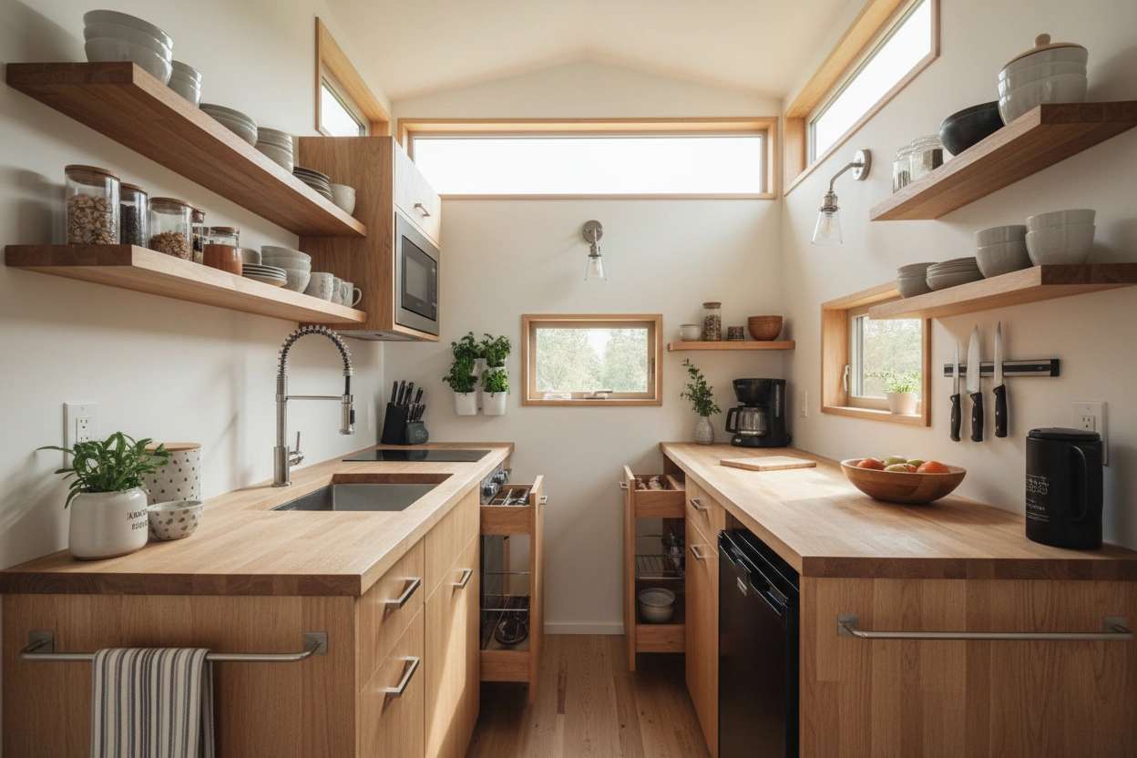 Professional image illustrating Design Tips for a Functional Tiny House Kitchen