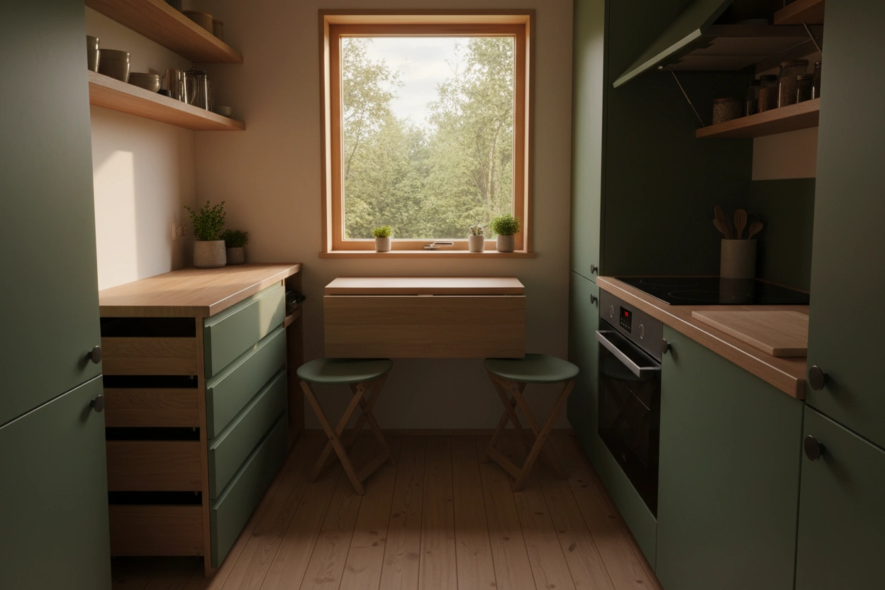 Professional image illustrating The Importance of Multifunctional Furniture in Tiny House Kitchens