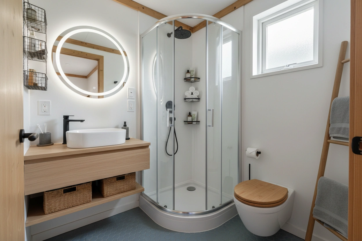 Professional image illustrating Top Space-Saving Solutions for Tiny Home Bathrooms