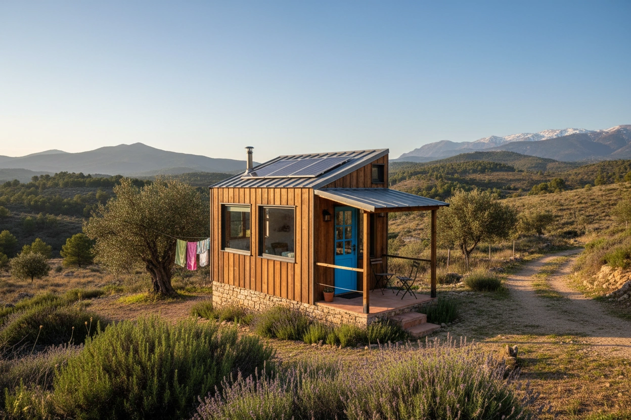 Professional image illustrating Pros and Cons of Living in a Tiny House in Spain
