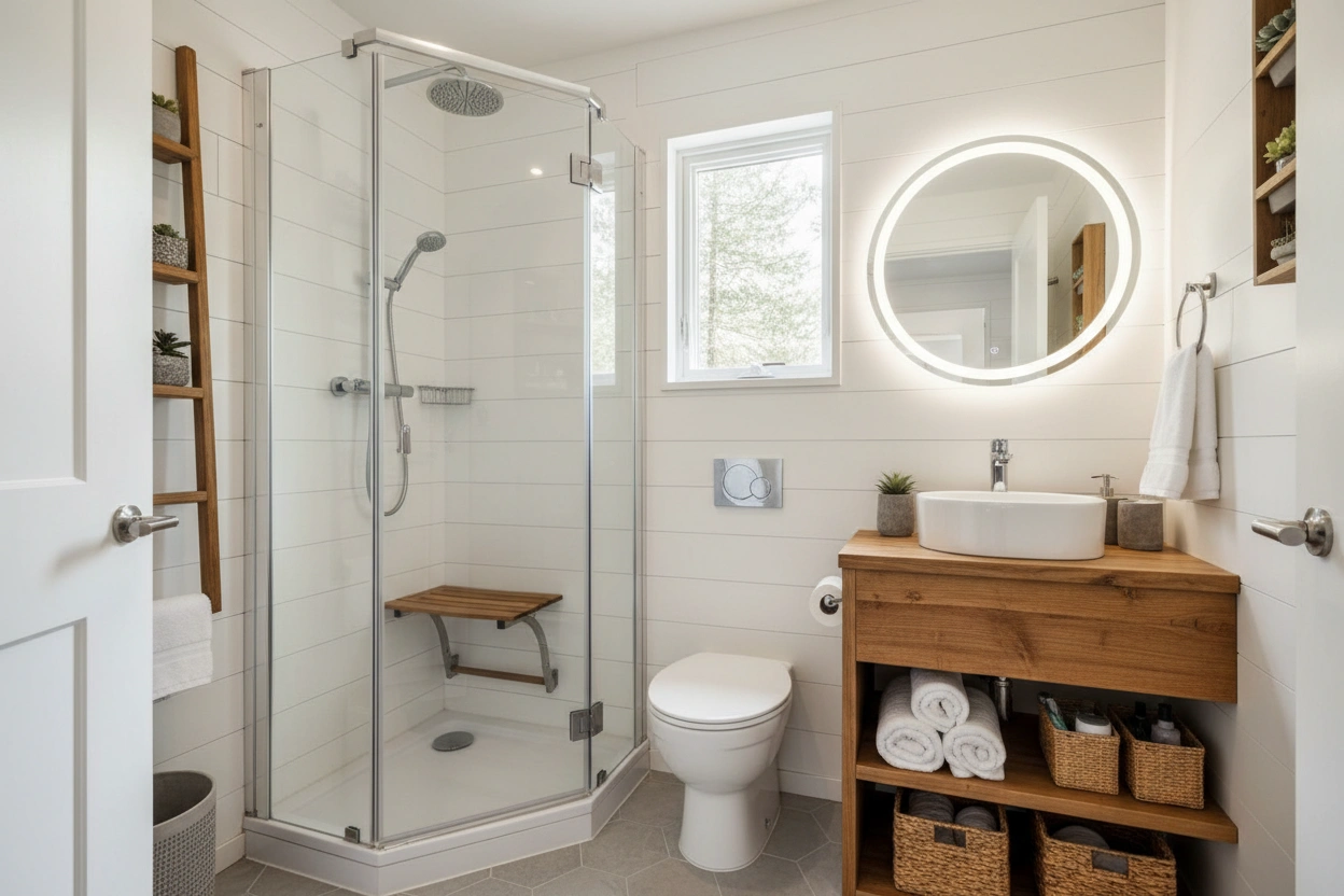 Professional image illustrating Top Space-Saving Solutions for Tiny House Bathrooms