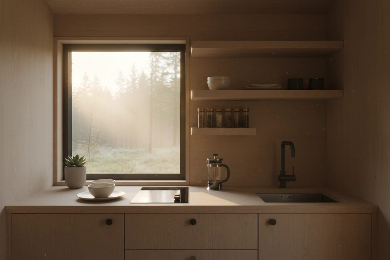 Professional image illustrating Understanding the Principles of Minimalism in a Tiny House Kitchen