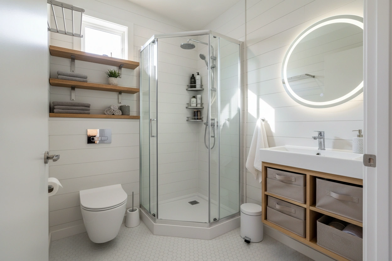 Professional image illustrating Top Space-Saving Solutions for Tiny House Bathrooms