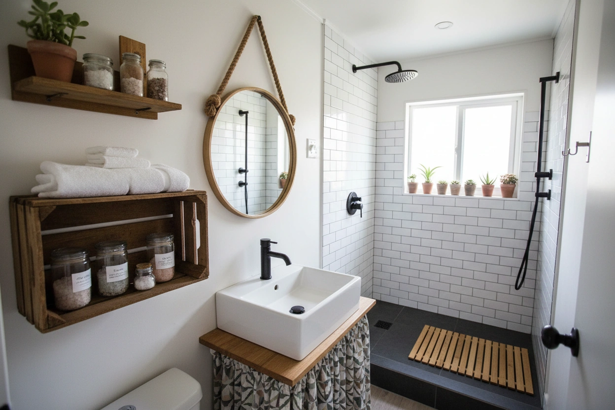 Professional image illustrating Budget-Friendly Design Elements for a Stylish Tiny House Bathroom