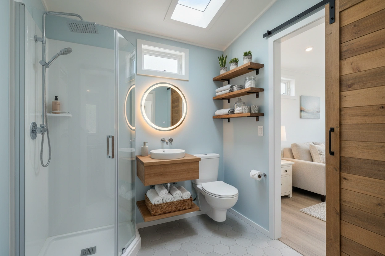 Professional image illustrating Top Space-Saving Solutions for Tiny House Bathrooms