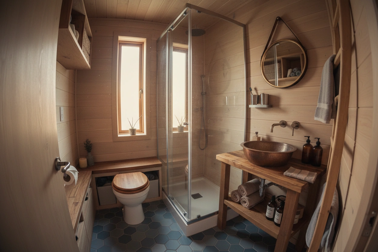 Professional image illustrating Understanding the Unique Challenges of a Tiny House Bathroom