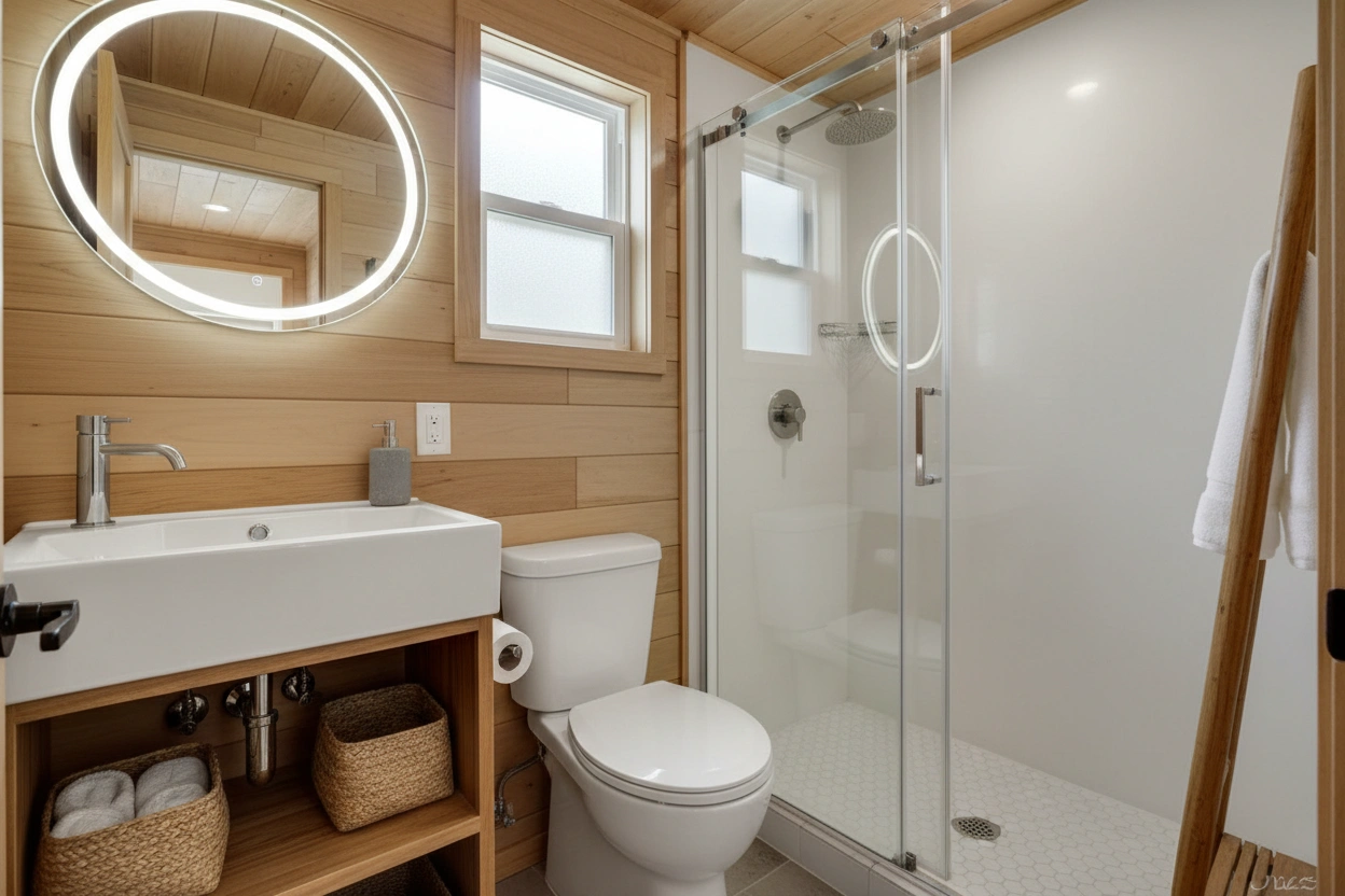 Professional image illustrating Choosing the Right Fixtures for Your Tiny House Bathroom