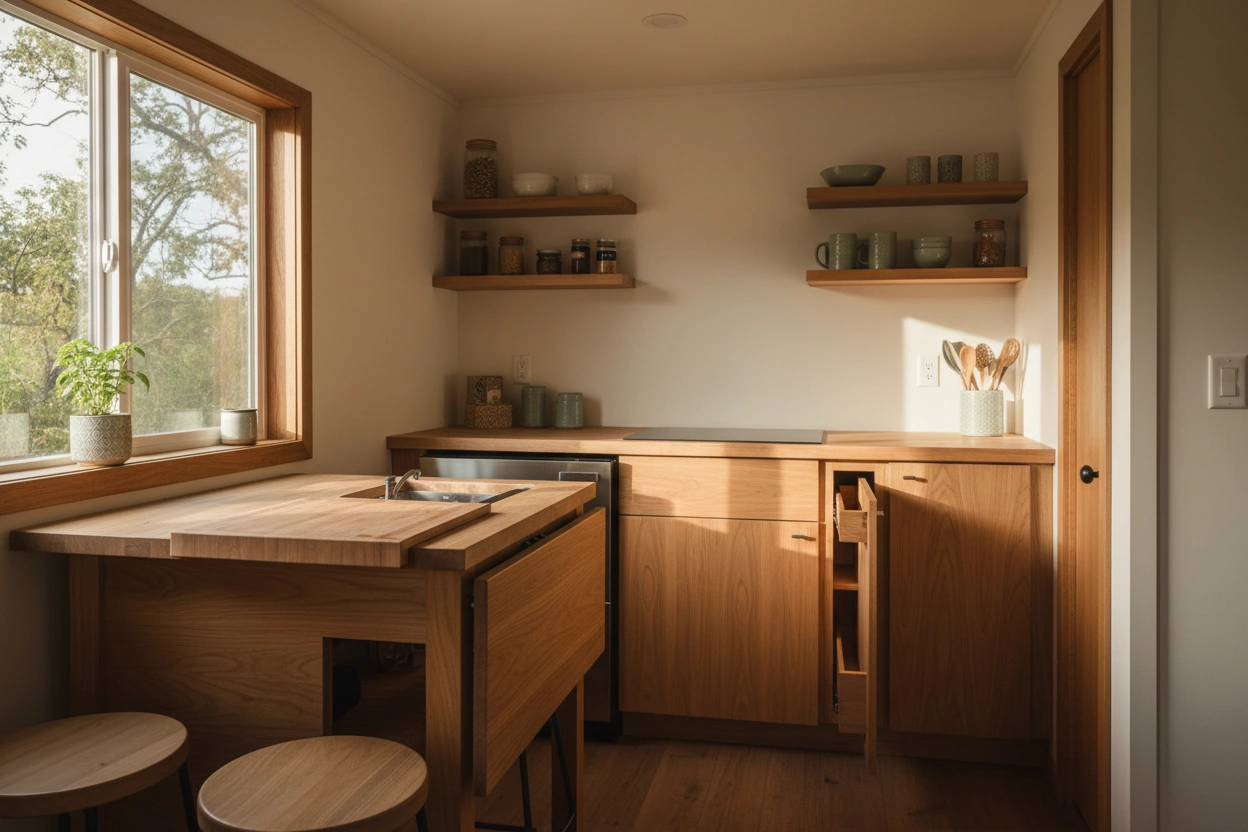 Professional image illustrating The Importance of Multifunctional Furniture in Tiny House Kitchens