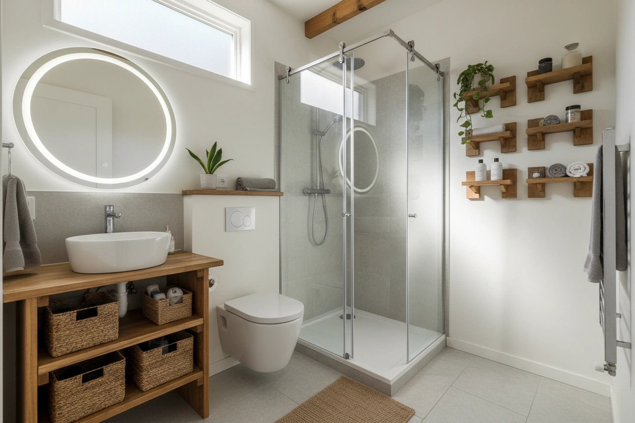 Professional image illustrating Top Space-Saving Solutions for Tiny House Bathrooms