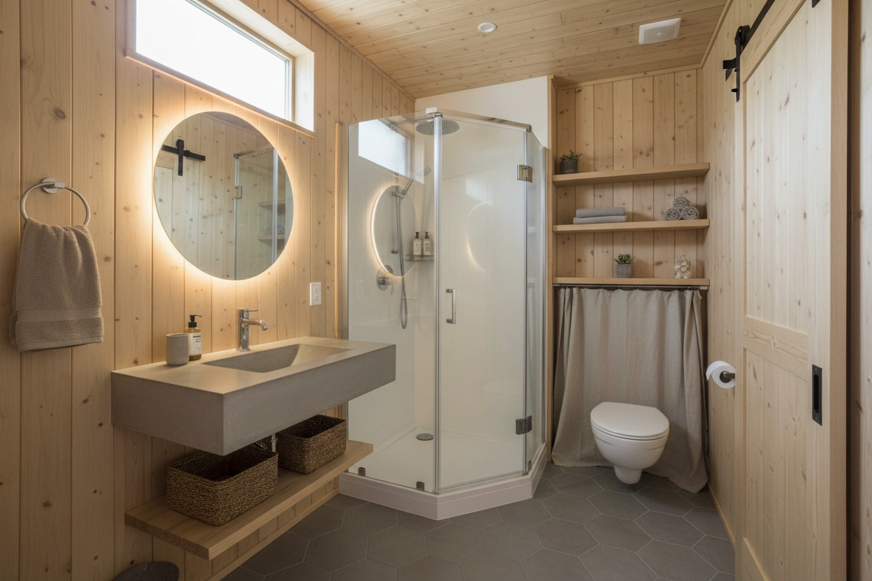 Professional image illustrating Top Space-Saving Solutions for Tiny Home Bathrooms