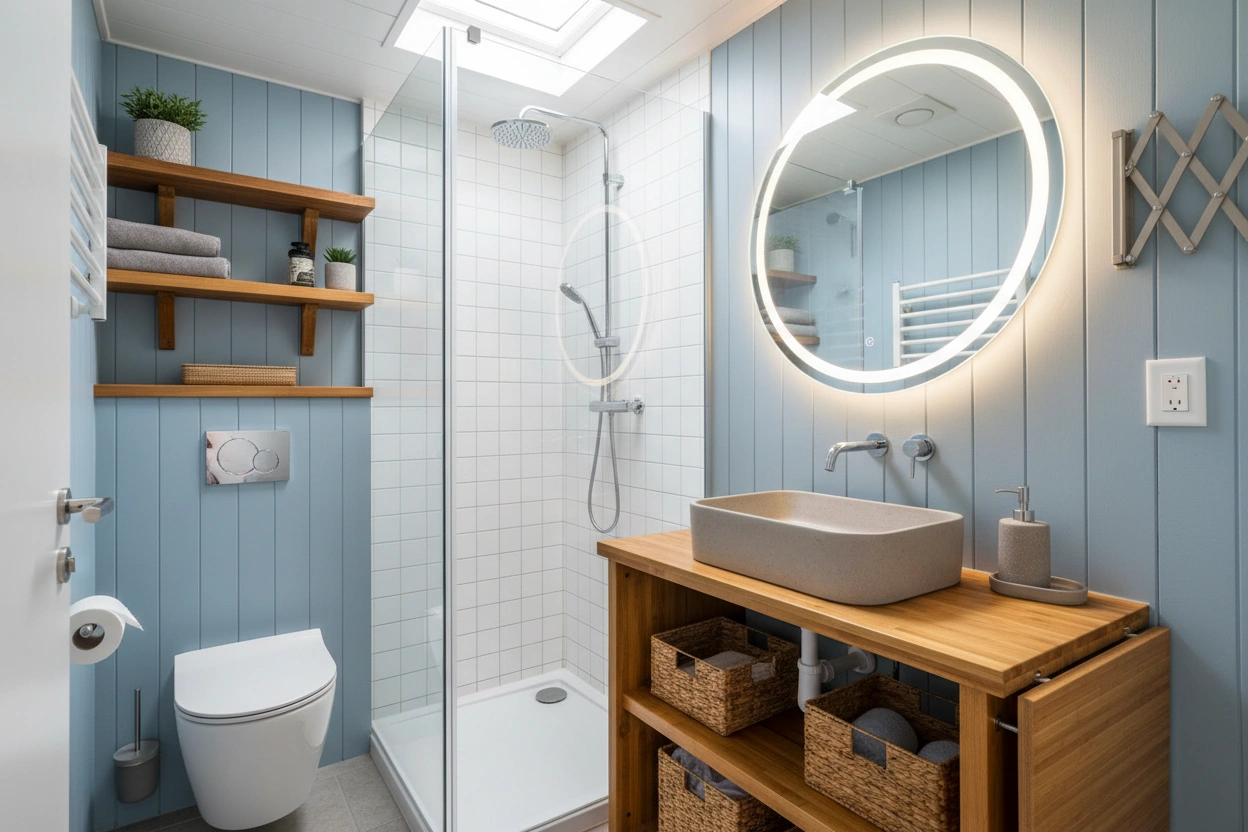 Professional image illustrating Top Space-Saving Solutions for Tiny Home Bathrooms