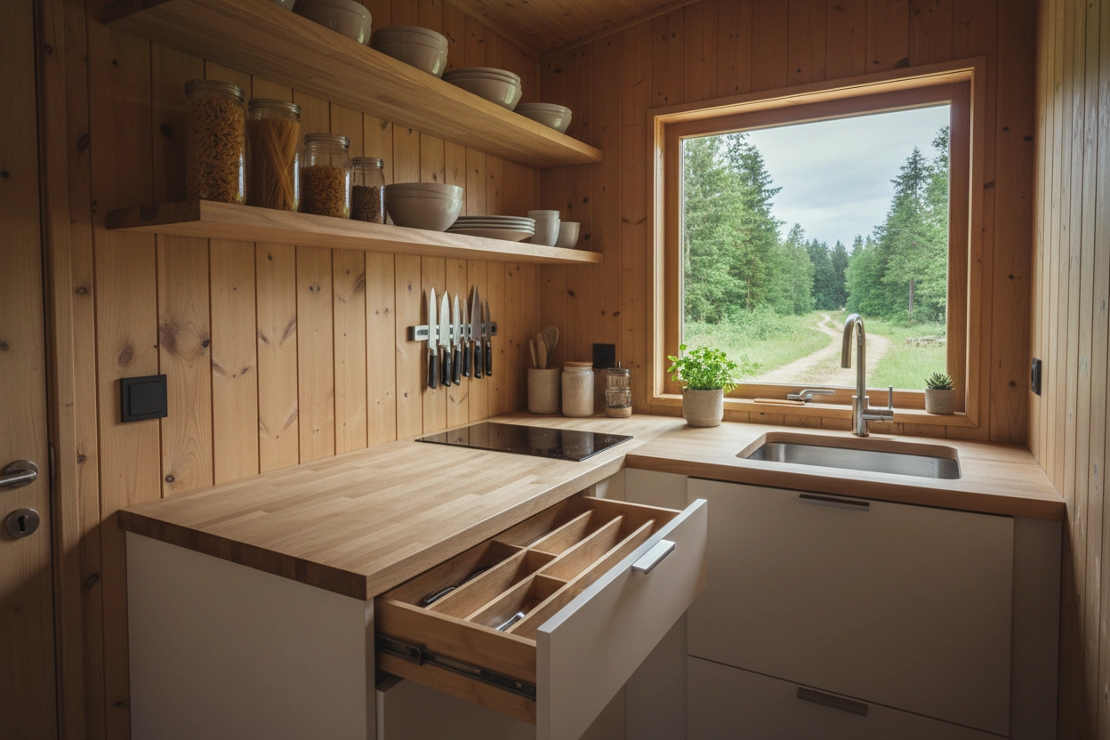 Professional image illustrating Essential Tips for Organizing a Tiny House Kitchen