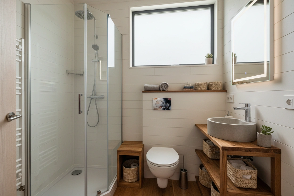 Professional image illustrating Top Space-Saving Solutions for Tiny House Bathrooms