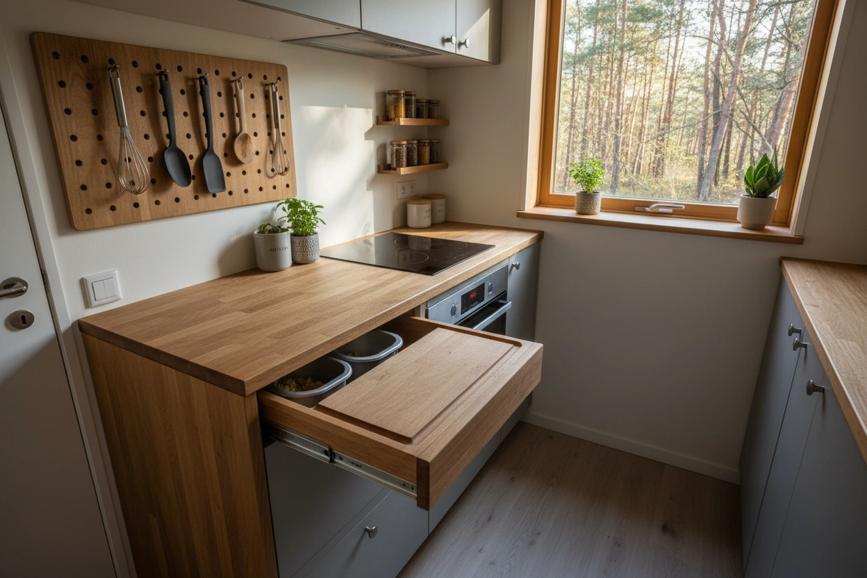 Professional image illustrating The Importance of Multifunctional Furniture in a Tiny House Kitchen
