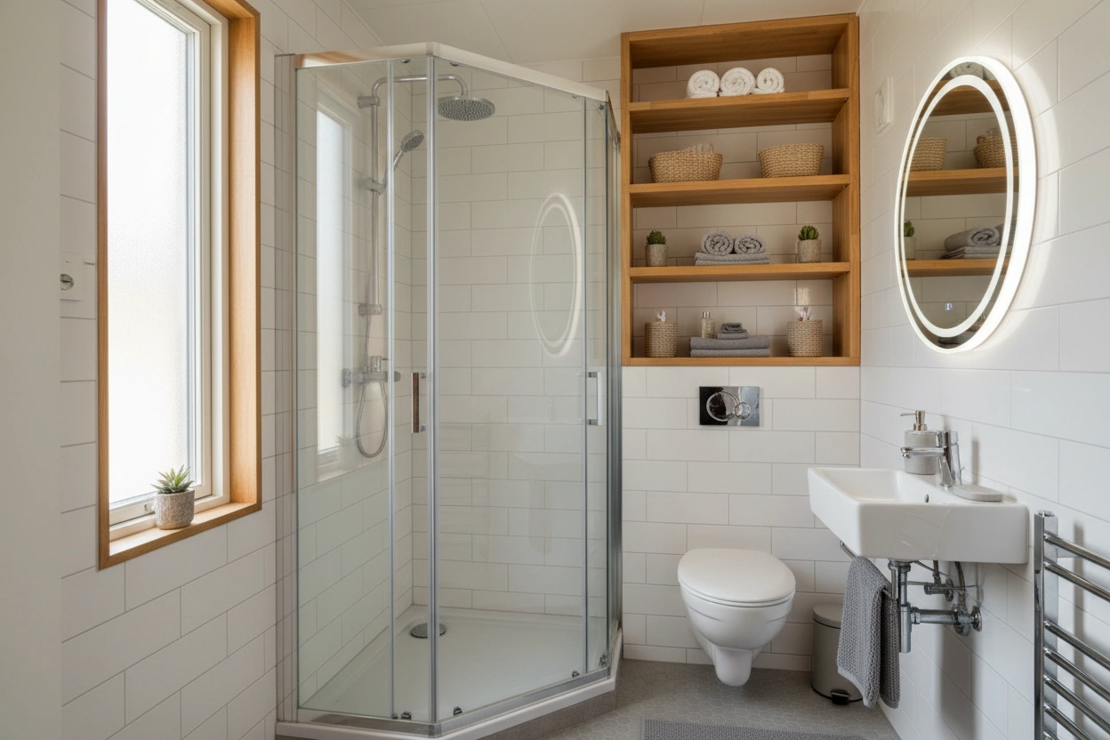 Professional image illustrating Top Space-Saving Solutions for Tiny Home Bathrooms