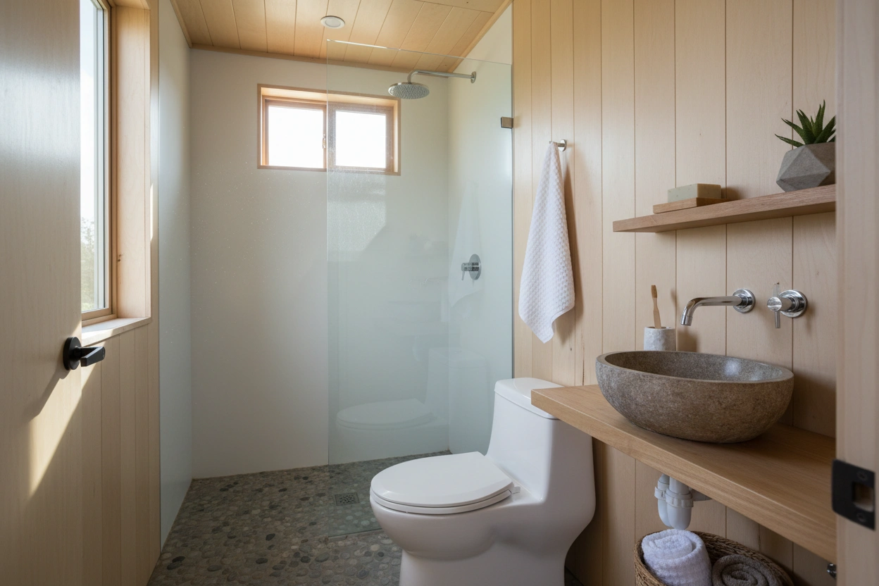 Professional image illustrating Practical Tips for Maintaining a Minimalist Tiny House Bathroom