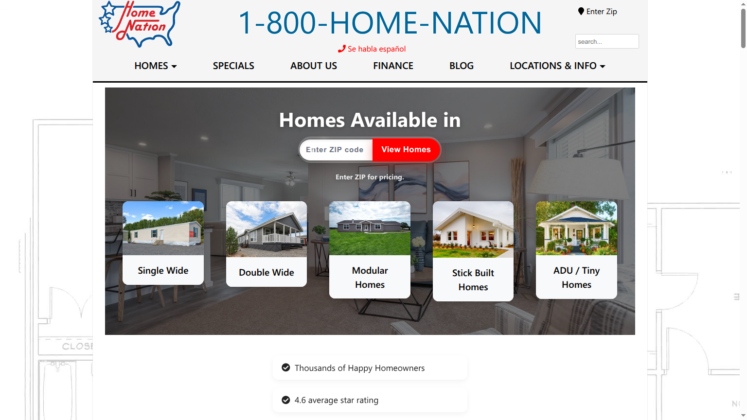 A desktop screenshot of the Home Nation homepage featuring its logo, navigation, ZIP-code home search, and cards for Single W