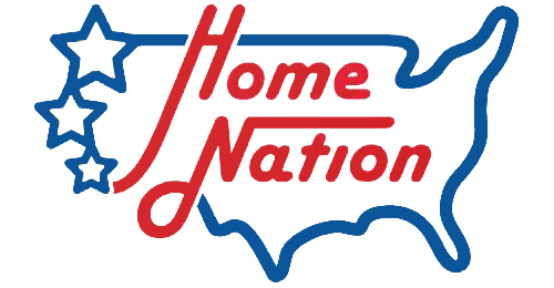 A red, white, and blue Home Nation logo featuring stylized lettering, three stars, and an outline of the continental United S