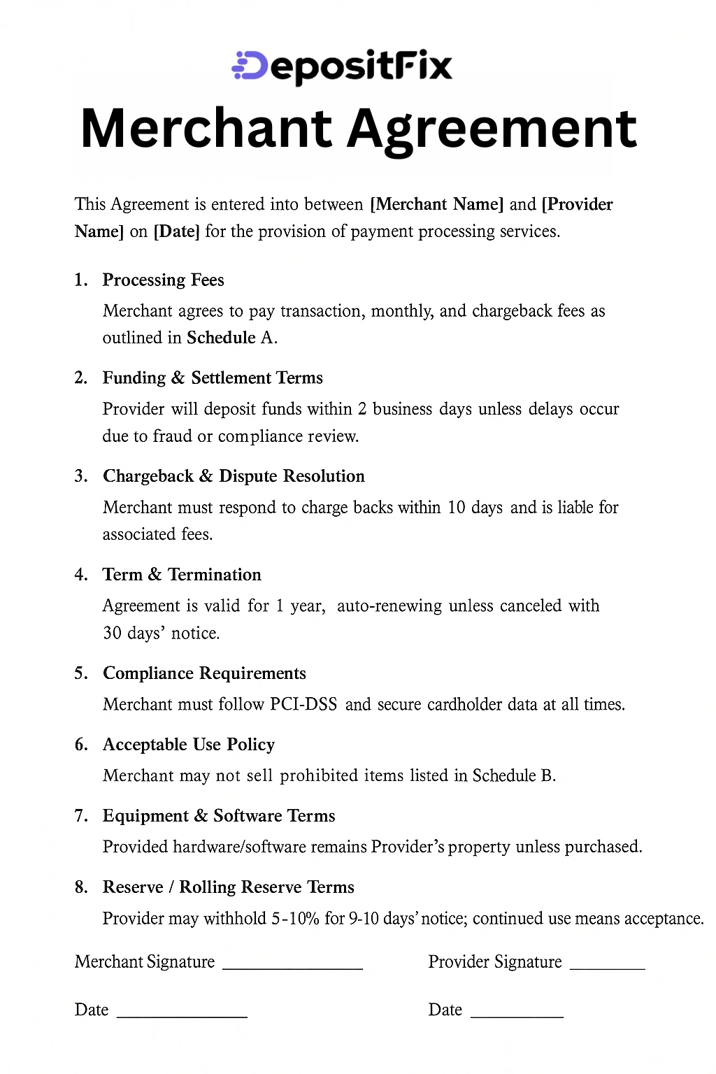 Merchant agreement example