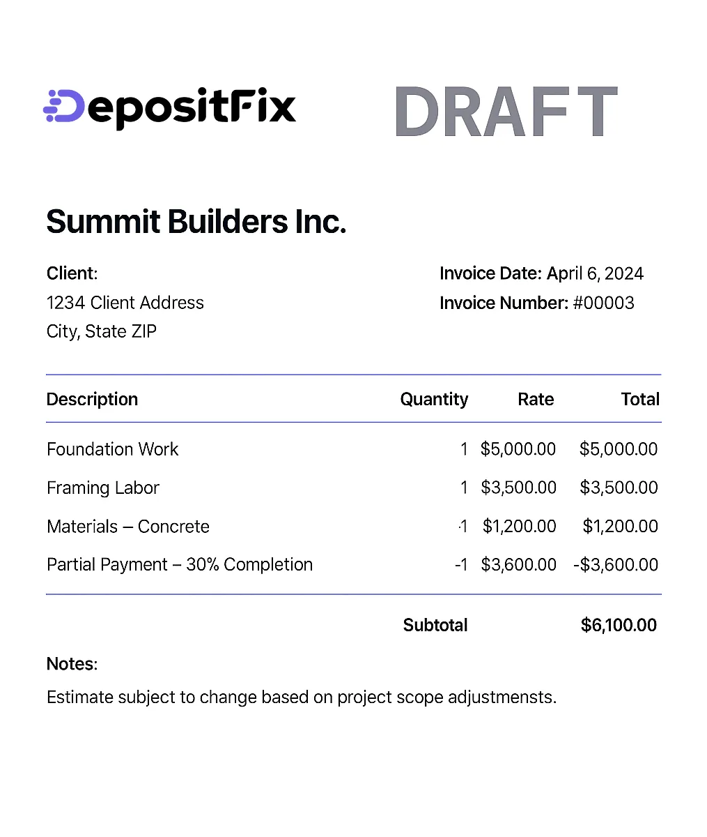 example of draft invoice for construction