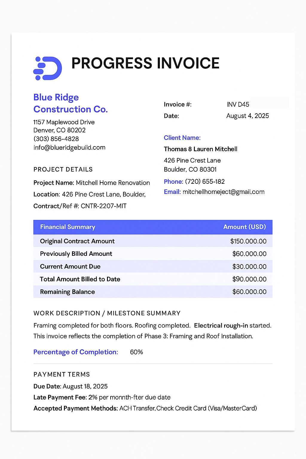 Progress invoice example