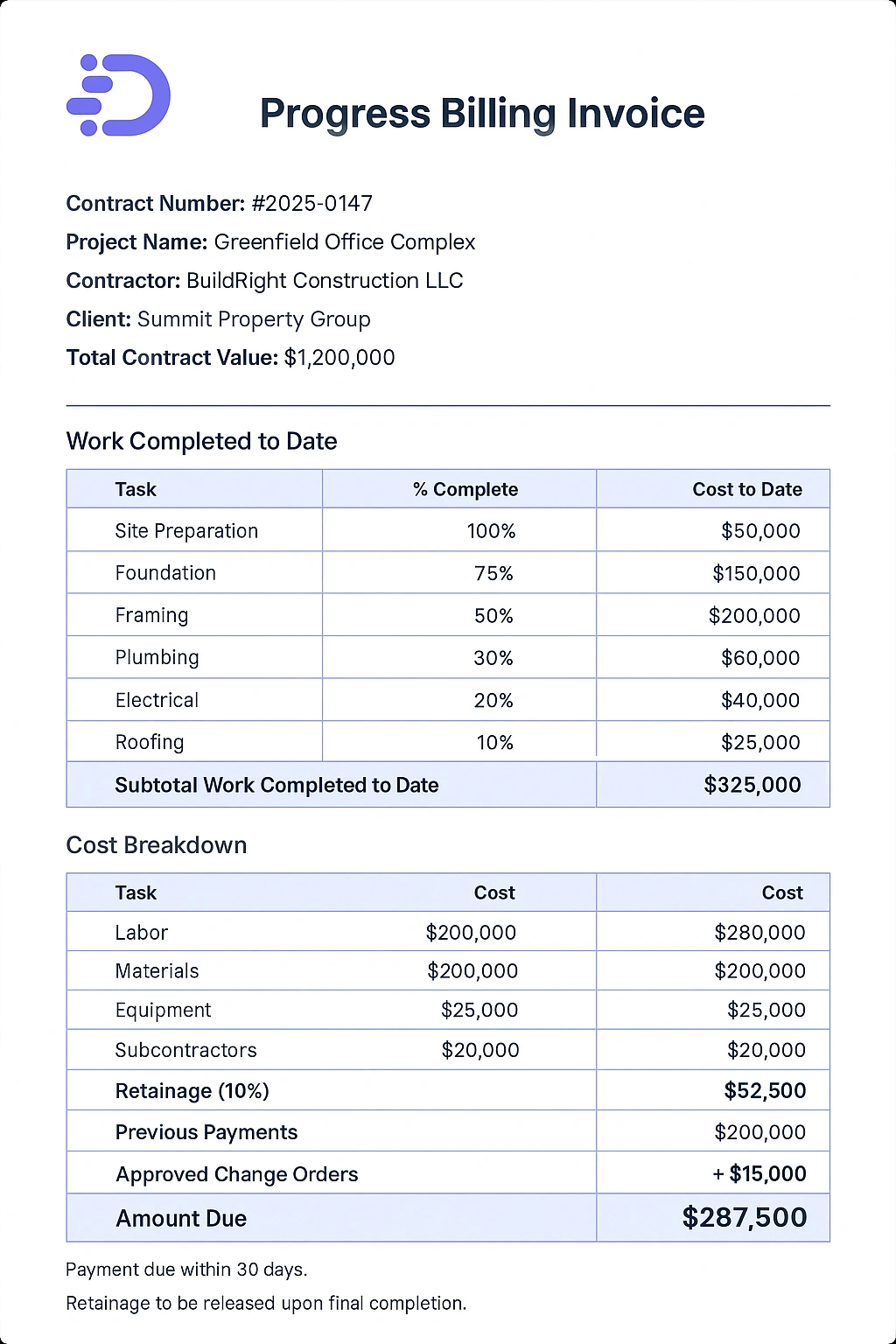 progress billing for construction sample