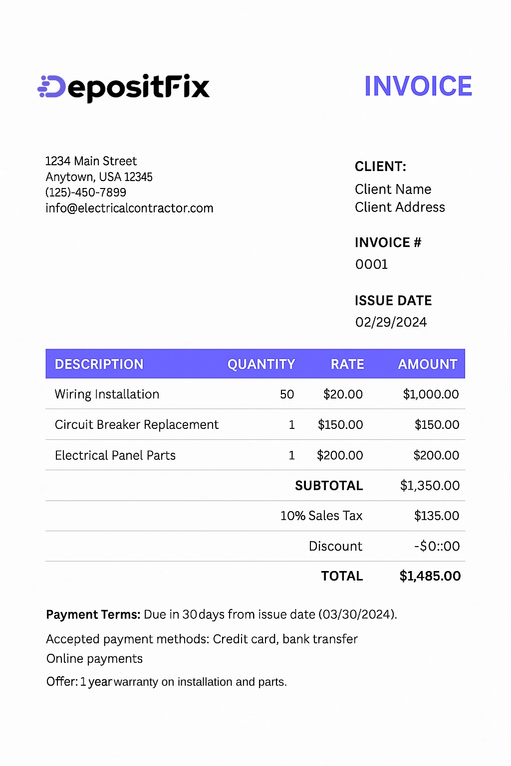 example of an electrical contarctor invoice