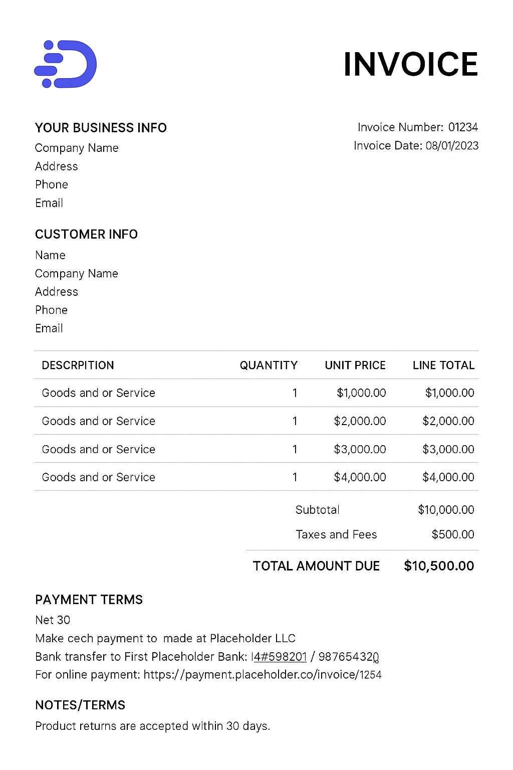 Example of an invoice