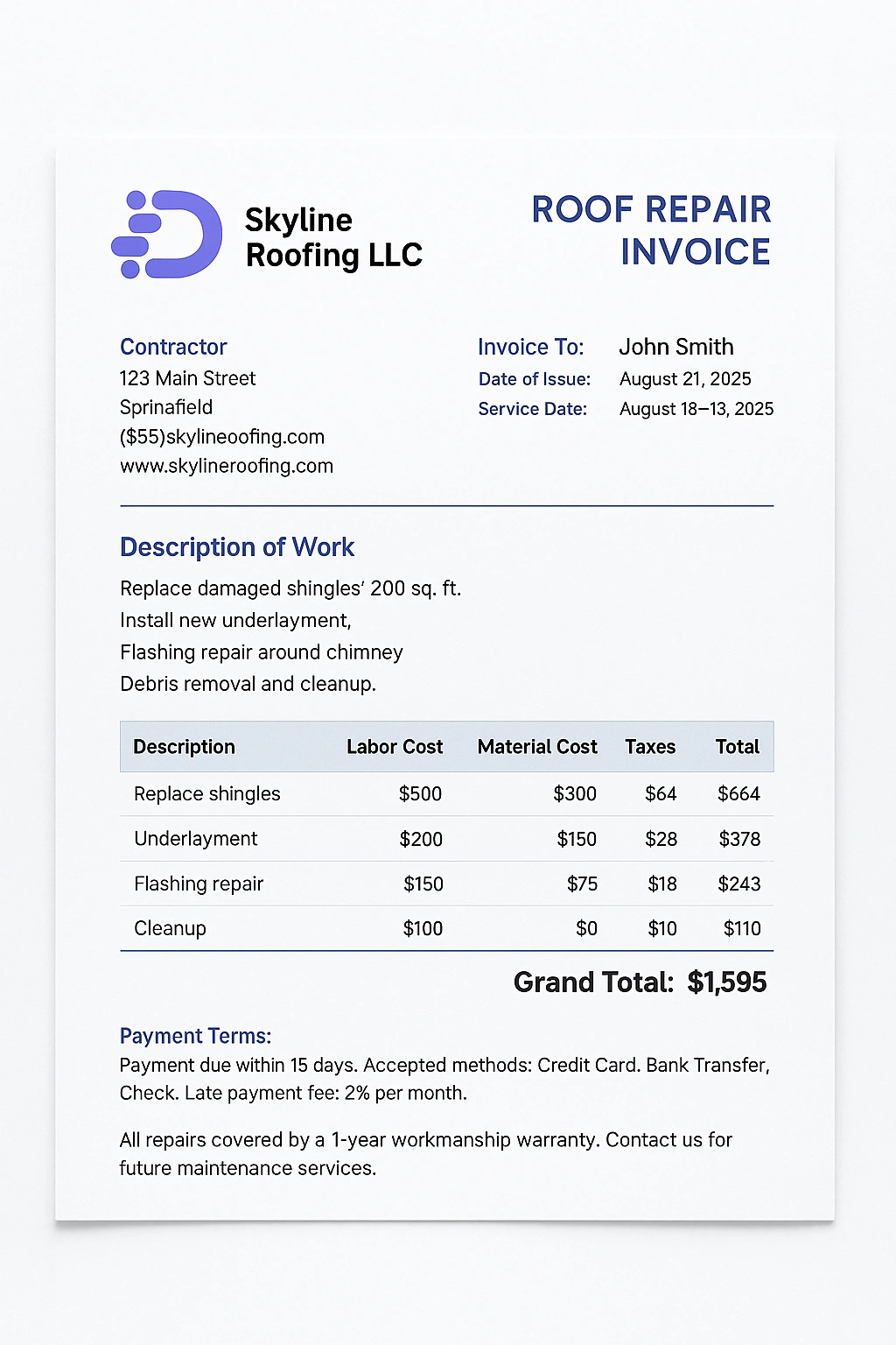 roof repair invoice example