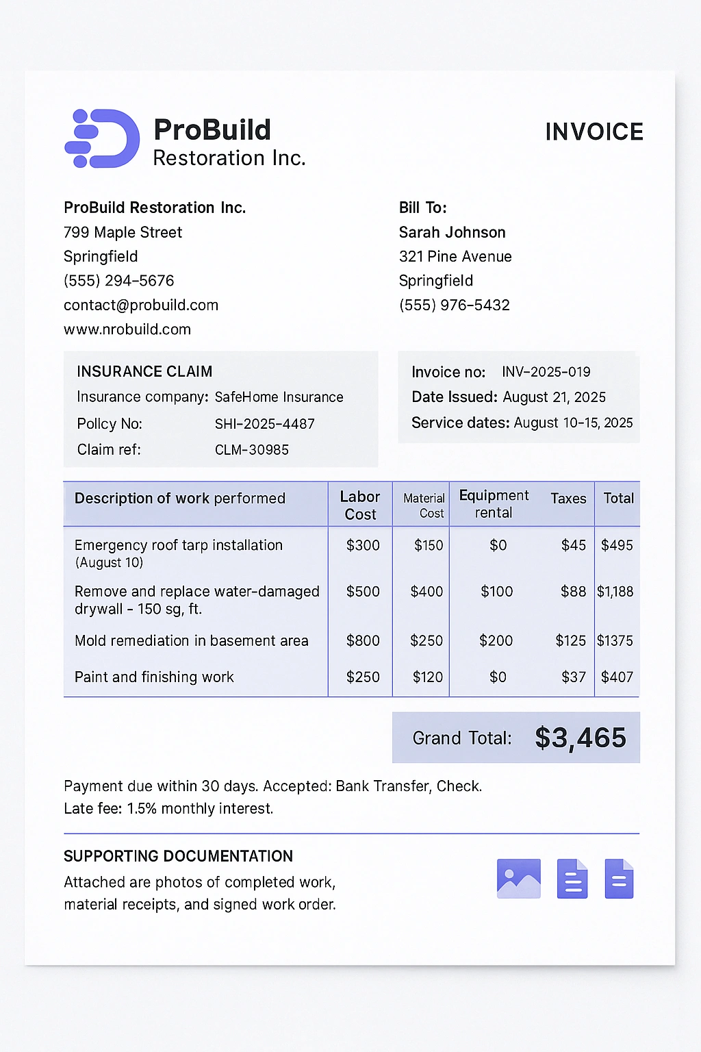 contractor invoice for insurance claim example