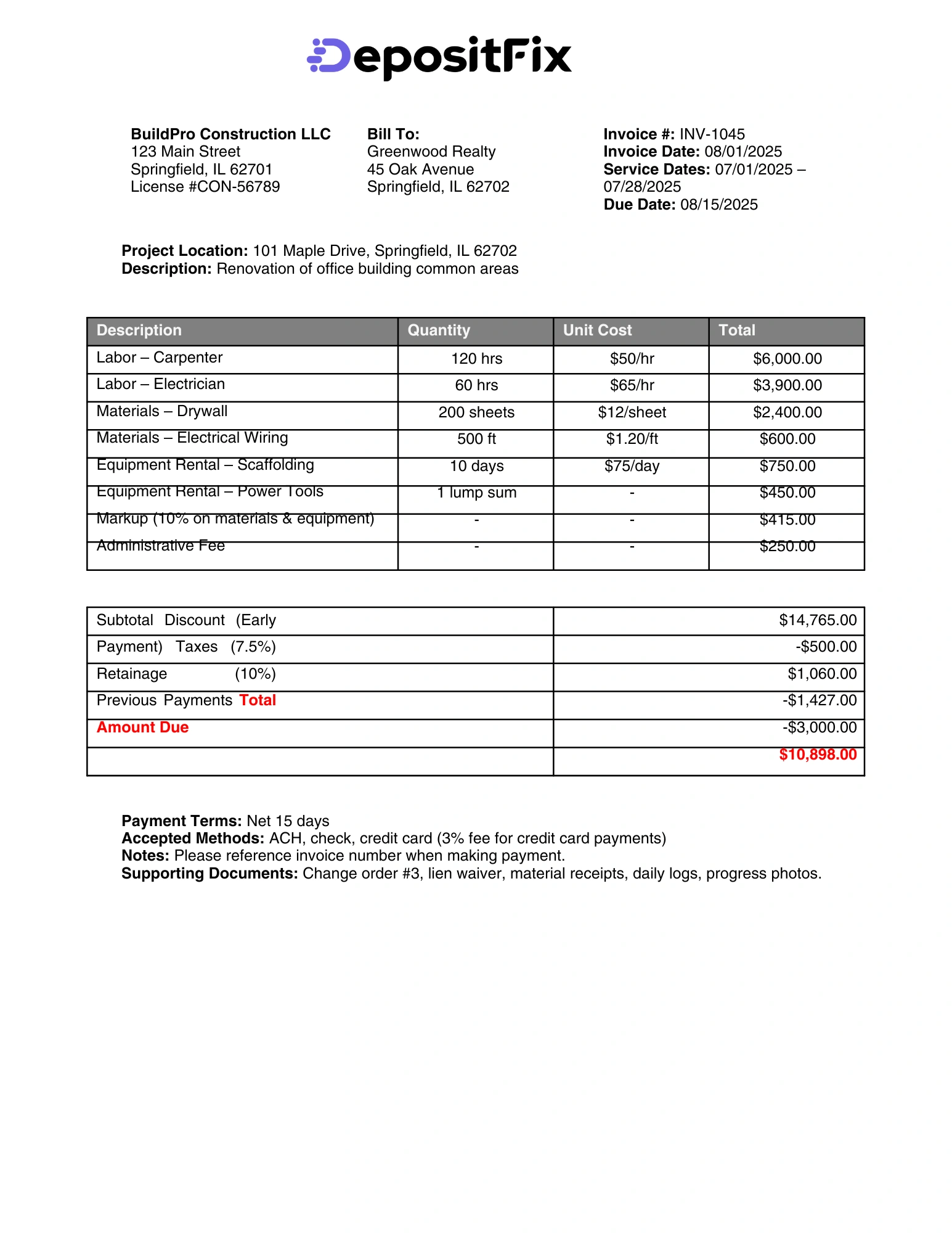 construction billing invoice example